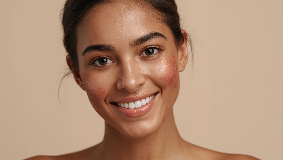 Woman smiling with natural skin texture in warm editorial light